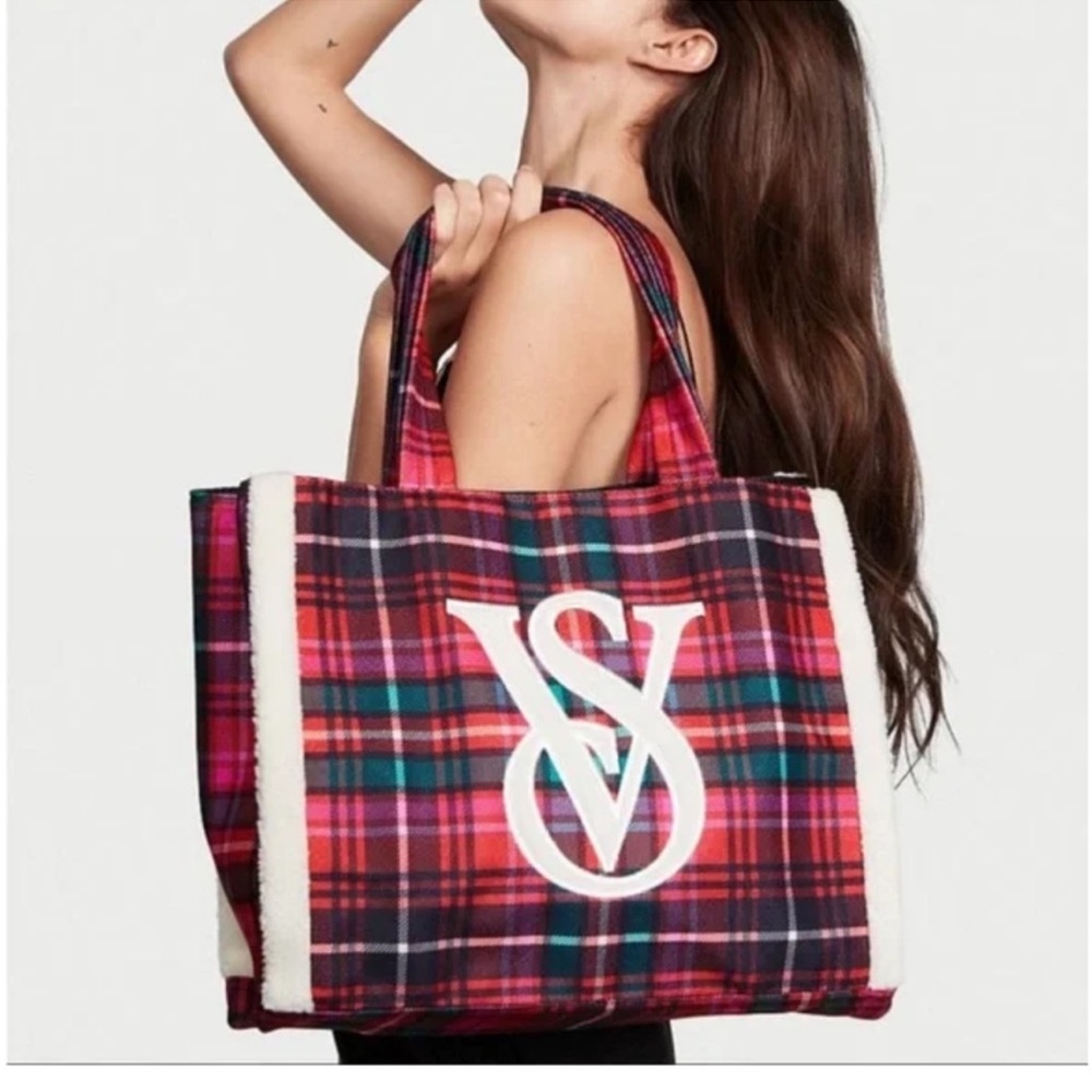 Victoria's Secret Flannel Red Plaid Sherpa Holiday Tote Bag